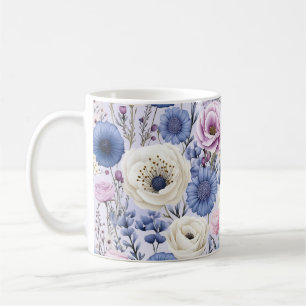 Caneca De Café Floral do Jardim Flor Branco Azul-Lavanda Elegante