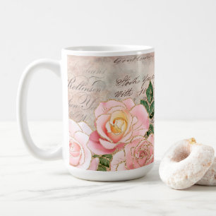 Caneca De Café Floral Elegante com Script Vintage e Rosas Rosa