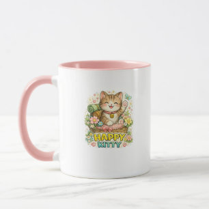 Caneca de Café Floral Fofa Kitty Feliz