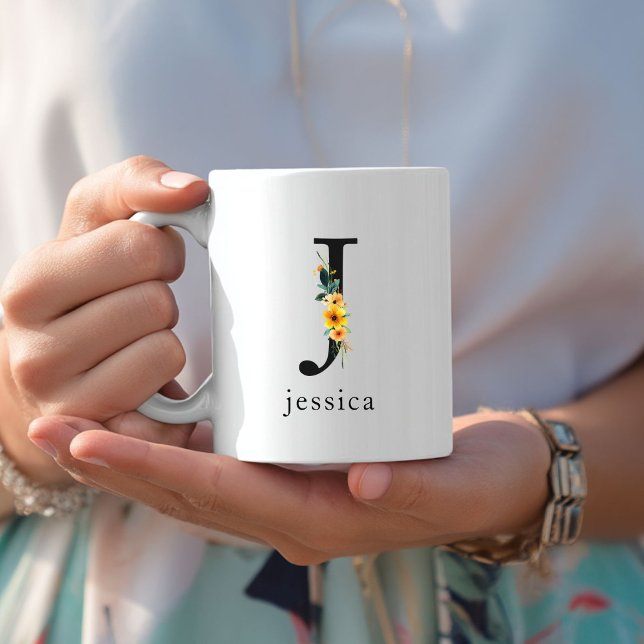 Caneca De Café Floral J Monograma Mug com Nome Editável (Floral J Monogram Mug with Editable Name. Yellow, Orange & Greenery Watercolor Flowers.)