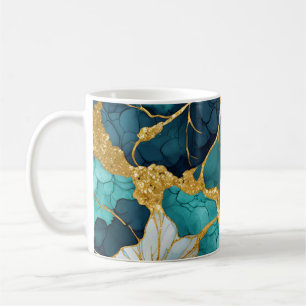 Caneca De Café Floral Japonês Verde Água Dourado