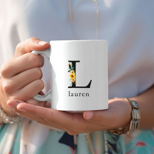 Caneca De Café Floral L Monograma Mug com Nome Editável