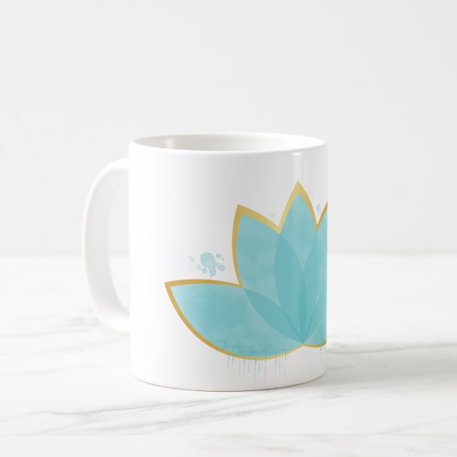 Caneca De Café Floral Lotus Seafoam Azul e Faux Dourado (Frente Esquerda)