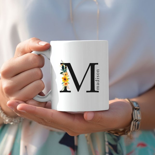 Caneca De Café Floral M Monograma Mug com Nome Editável (Floral M Monogram Mug with Editable Name. Yellow, Orange & Greenery Watercolor Flowers.)
