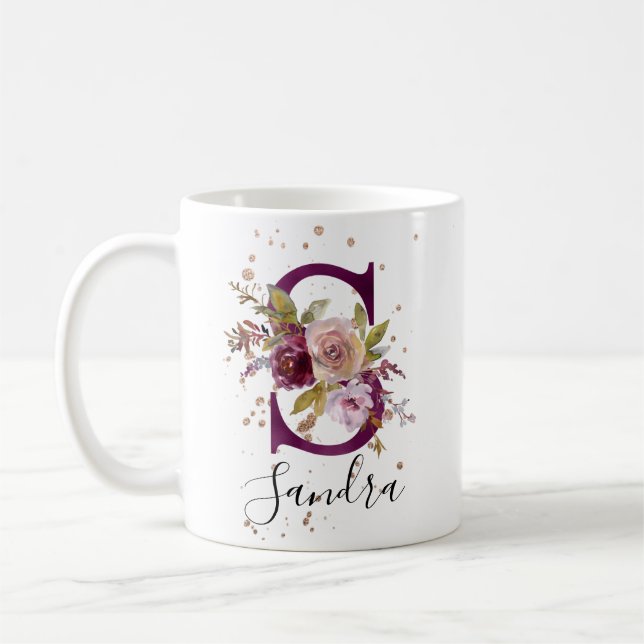 Caneca De Café Floral Maroon Blush Add Name Letra S Monograma (Esquerda)
