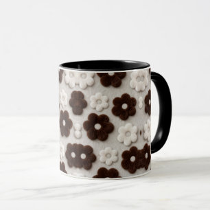 Caneca de Café Floral Marrom e Branco Fuzzy Retro