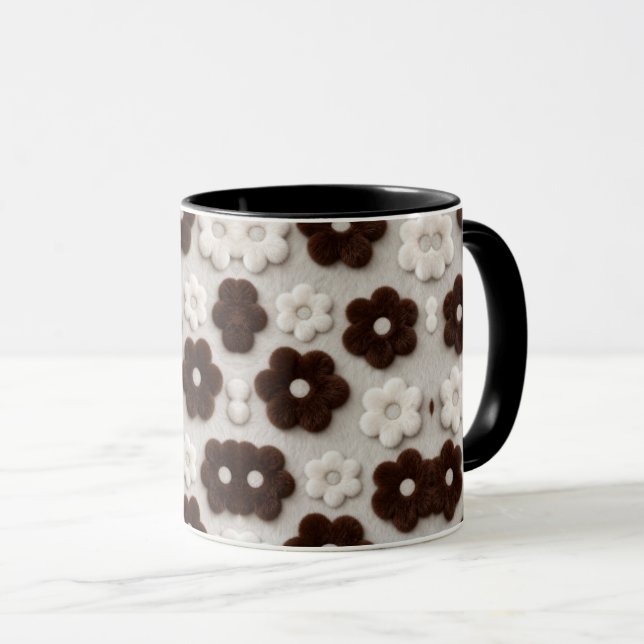 Caneca de Café Floral Marrom e Branco Fuzzy Retro (Frente Esquerda)