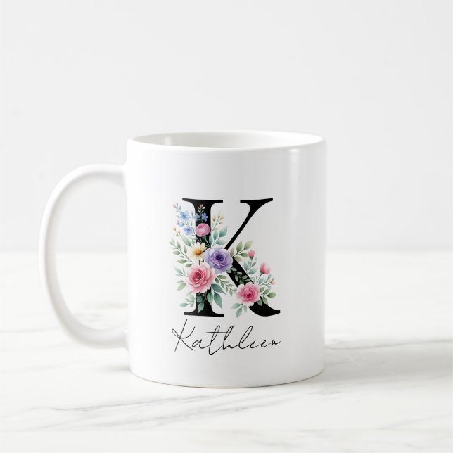 Caneca De Café  Floral Monogram – Letter K (Esquerda)