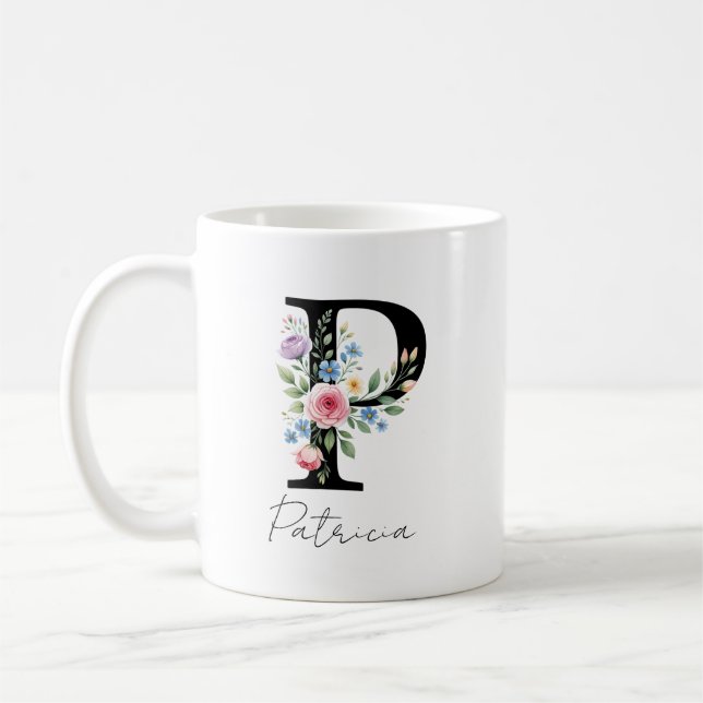 Caneca De Café  Floral Monogram – Letter P (Esquerda)