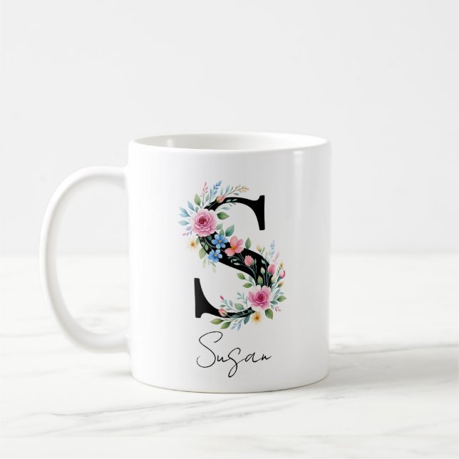 Caneca De Café  Floral Monogram – Letter S (Esquerda)