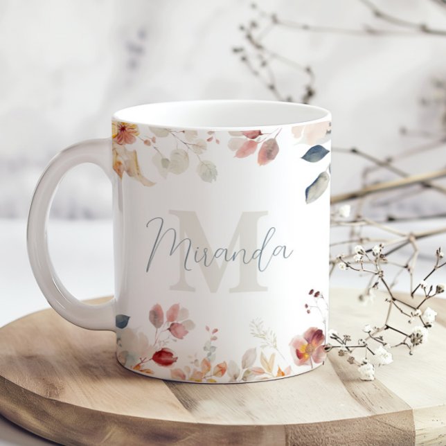 Caneca De Café Floral Monograma Personalizada (Criador carregado)