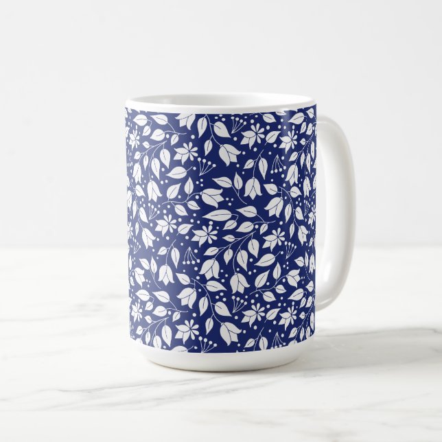 Caneca De Café Floral Mug no Marinho e White (Frente Esquerda)