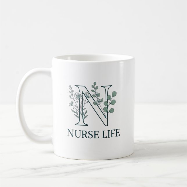 Caneca De Café Floral Nurse Life Monogram N (Esquerda)
