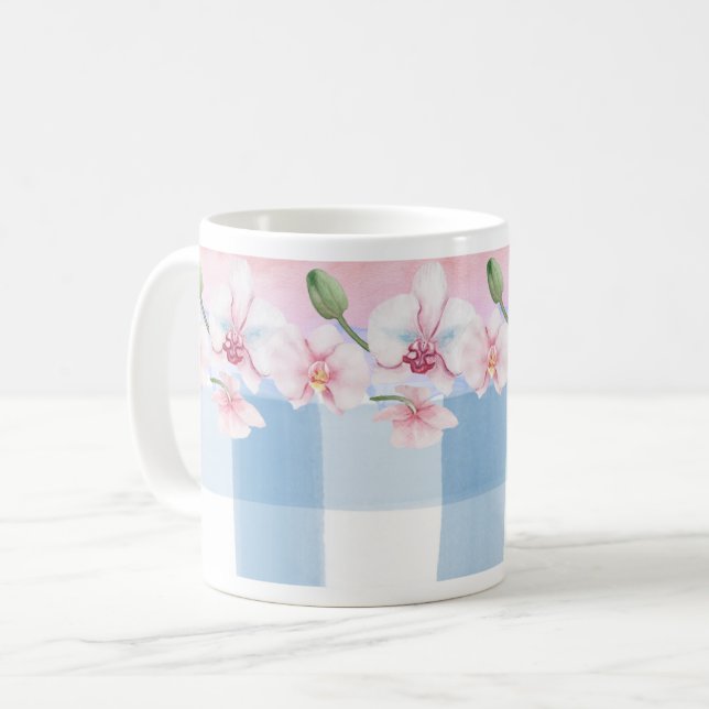 Caneca De Café Floral Orquídea de Verificação Azul (Frente Esquerda)