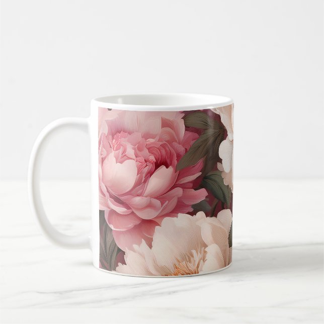 Caneca De Café Floral Peony Rosa e Branco (Esquerda)