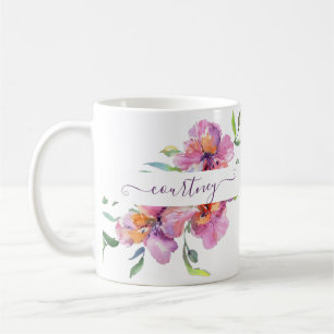 Caneca De Café Floral personalizado com aquarela rosa