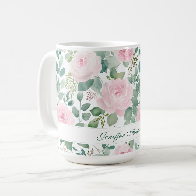 Caneca De Café Floral Pink Rose with Custom Name (Frente Esquerda)