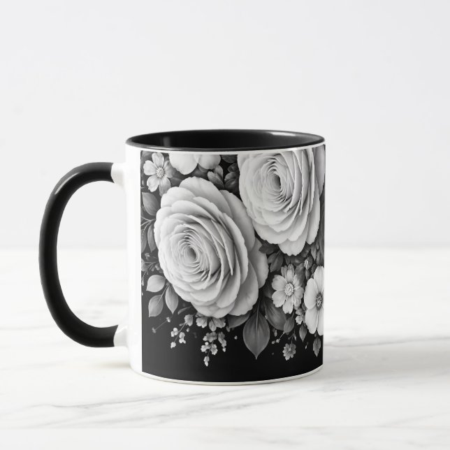 Caneca de café floral preta e branca (Esquerda)