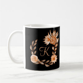 Caneca De Café Floral Preto Marrom e Bege Monogramado