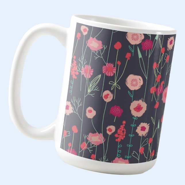 Caneca De Café Floral Preto-Negro Cor-de-rosa (Boho floral pink and charcoal gray coffee mug)