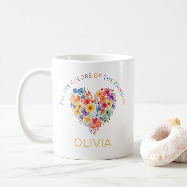 Caneca De Café Floral Rainbow Heart Mug - Presente de Nome Person (Com Donut)