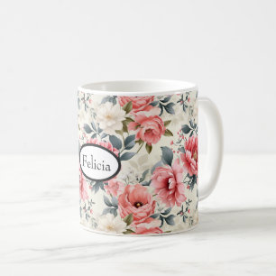 Caneca De Café Floral Rosa Coral Vintage