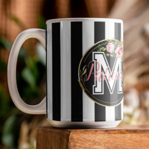 Caneca De Café Floral Rosa Monogramada Listras Pretas e Brancas