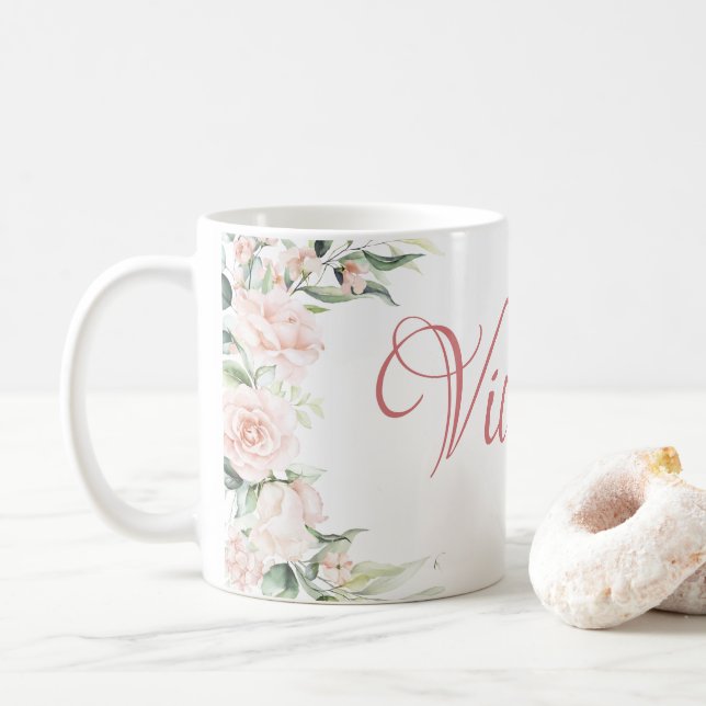 Caneca De Café Floral Rosa Personalizado (Com Donut)