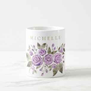 Caneca De Café Floral roxo com nome