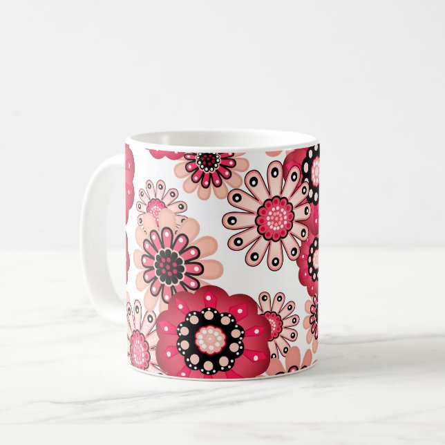 Caneca De Café Floral rústico retrô vermelho e branco (Frente Esquerda)