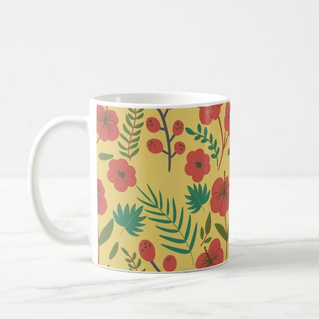 Caneca De Café Floral, sem costura, flores amarelas vermelhas (Esquerda)