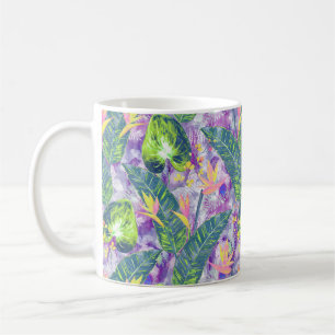 Caneca De Café Floral tropical, botânico, lilac, verde, rosa, fl