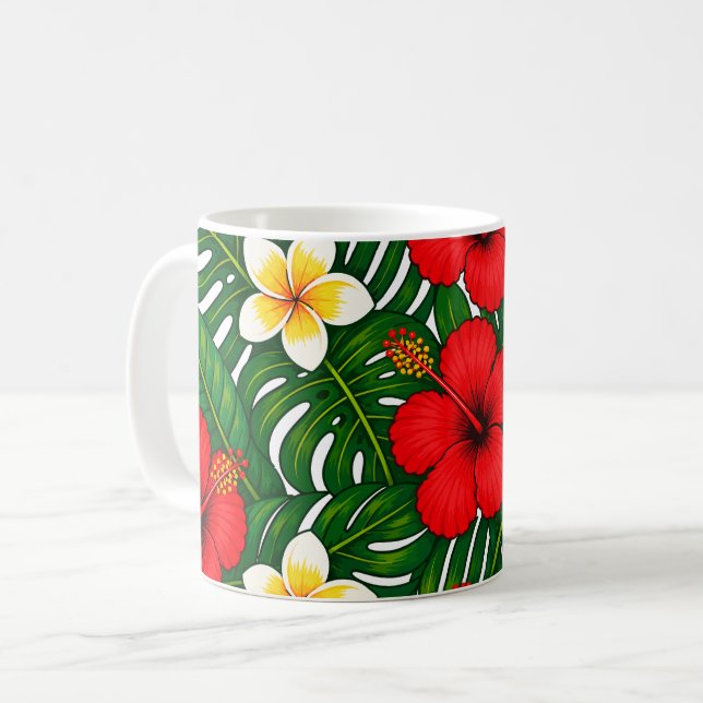 Caneca De Café Floral Tropical com Hibisco e Plumeria (Frente Esquerda)