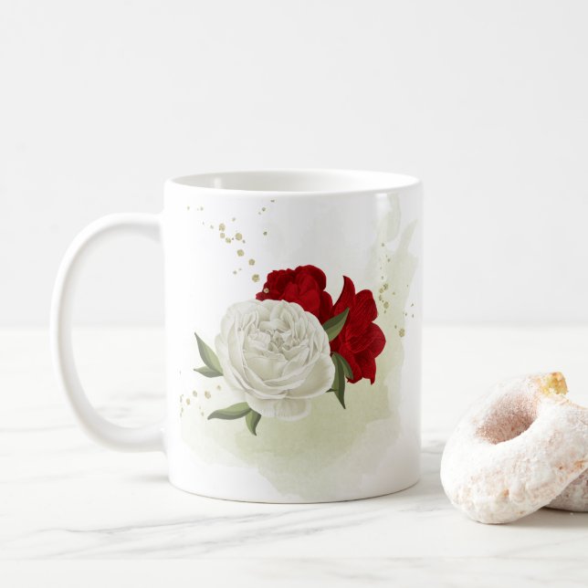 Caneca De Café Floral verde branco vermelho (Com Donut)