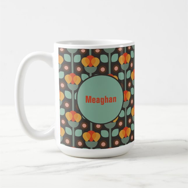 Caneca De Café Floral Vermelho Dourado com Abstrato Teal (Esquerda)