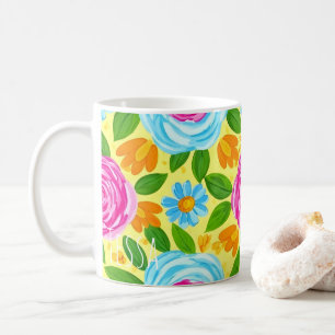 Caneca De Café Floral Vibrante em Aquarela Rosa e Azul