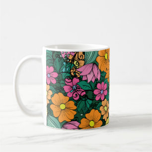 Caneca De Café Floral Vibrante: Vintagem de Fundo Verde.