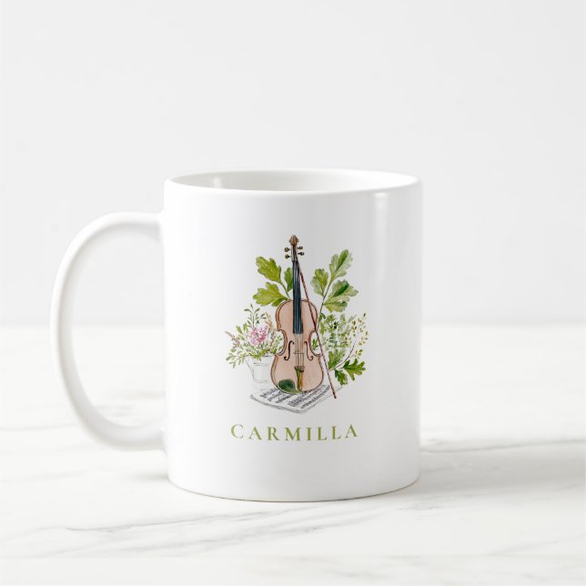 Caneca De Café Floral Violin and Greenery Personalised Name (Esquerda)