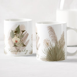Caneca De Café Floral Watercolor Boho Personalizado Monograma