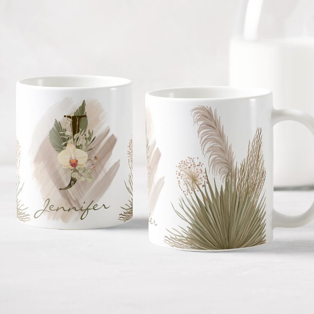 Caneca De Café Floral Watercolor Boho Personalizado Monograma (Criador carregado)