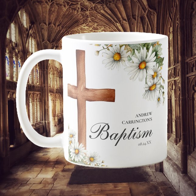 Caneca De Café Floral Watercolor Cross Baptism (Criador carregado)