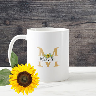 Caneca De Café Floral Watercolor Girassol Monograma Nome