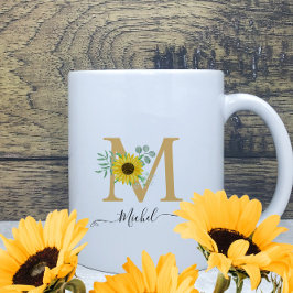 Caneca De Café Floral Watercolor Girassol Monograma Nome