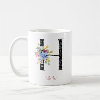 Caneca De Café Floral Watercolor H Monogram Name Black Polka Dot