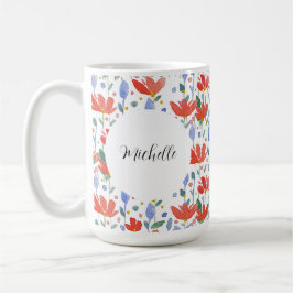 Caneca De Café Floral Watercolor Monogramada em Vermelho e Azul