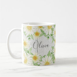 Caneca De Café Floral White Daisiers Nome Watercolor