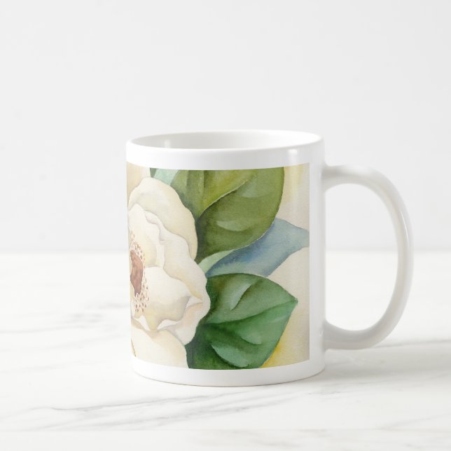 Caneca De Café Floral White Magnolia Flowers Nome de Aquarela  (Direita)