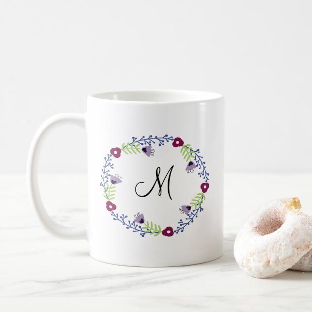 Caneca De Café Floral Wreath Inicial (Com Donut)
