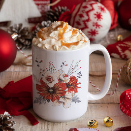 Caneca De Café Florals Foliage Red Cream Name