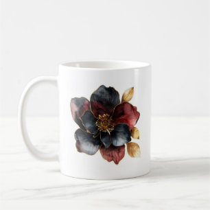 Caneca De Café Flores a ouro de aquarelas escuras e burguns preta